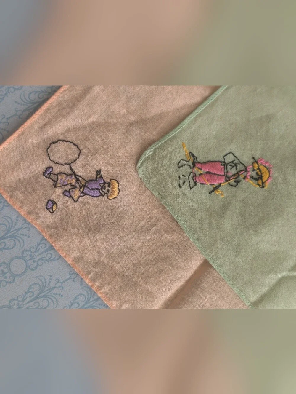 Vintage Kids Embroidered Pastel Handkerchiefs - Pink & Mint